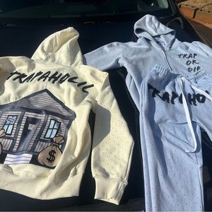 Black, Cream, and Light Blue “trapaholic” Hoodie and sweats